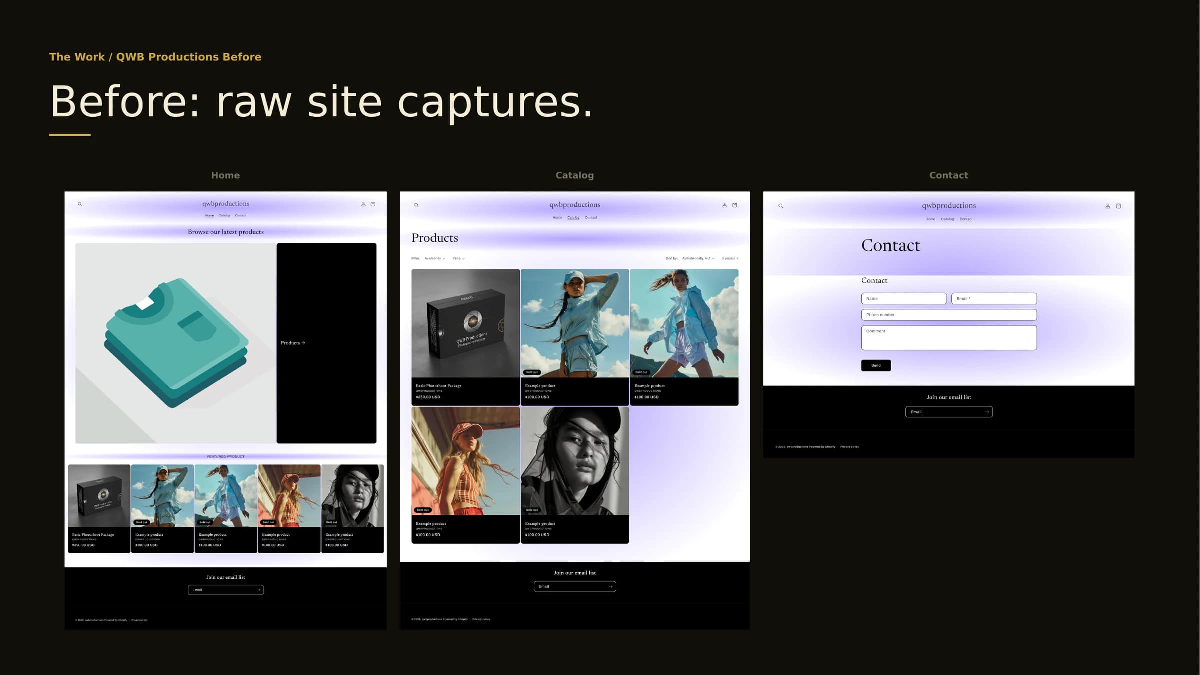 QWB Productions storefront before the redesign